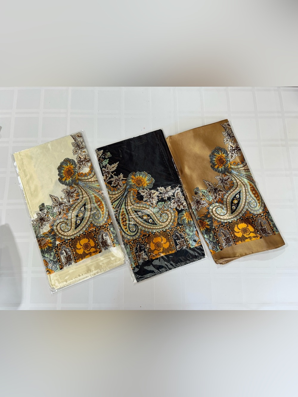 Paisley Floral Satin Scarf - Black, Gold, Cream